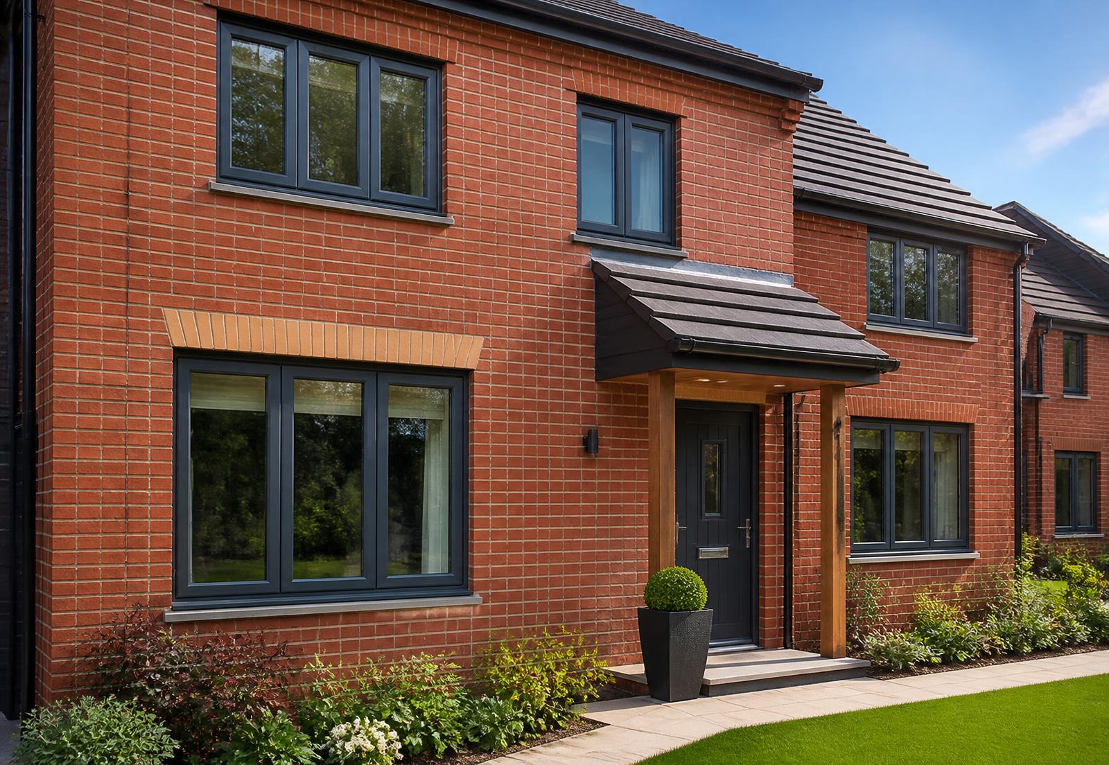 Modern anthracite grey windows and a composite front door on a UK home